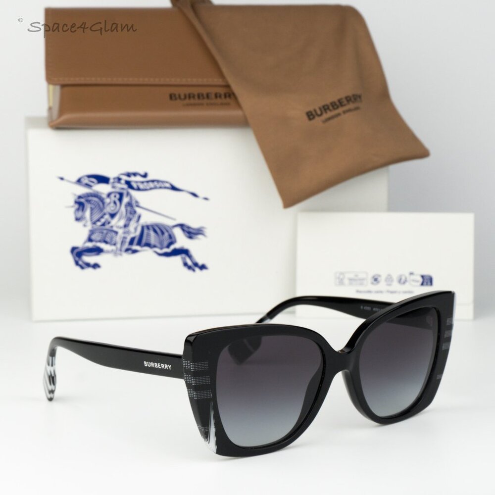 Burberry Women Sunglasses Black Check Grey Gradient Cat Eye BE4393 40518G NEW